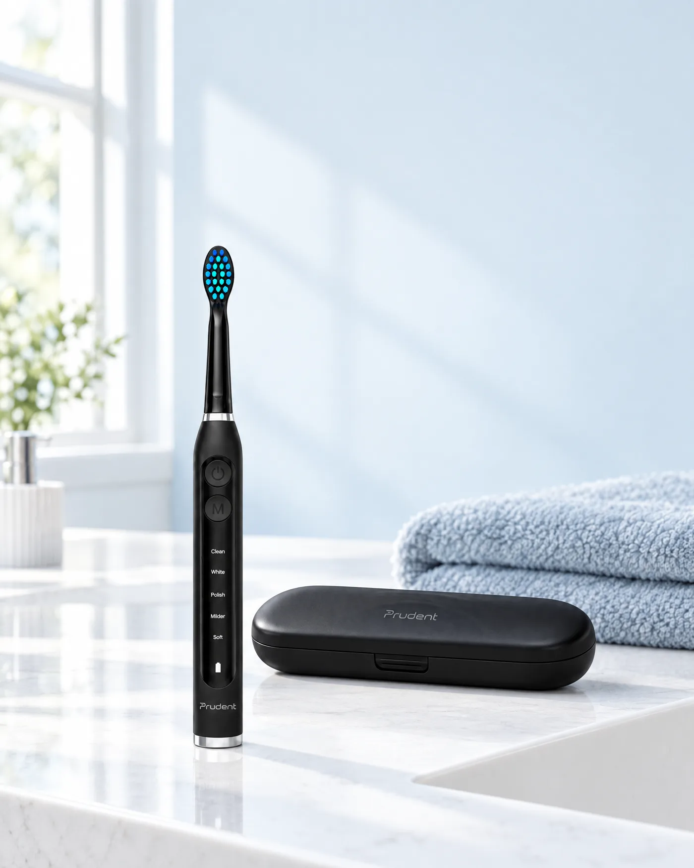 Black Prudent Sensitive sonic toothbrush beside its travel case, on a bright bathroom basin