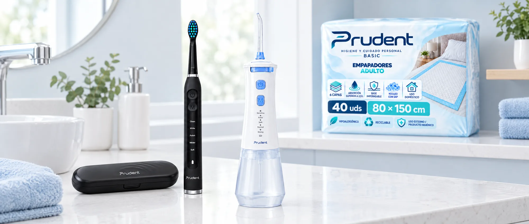 Prudent products arranged on a bathroom counter: Sensitive toothbrush, Advanced irrigator and a bag of Basic underpads