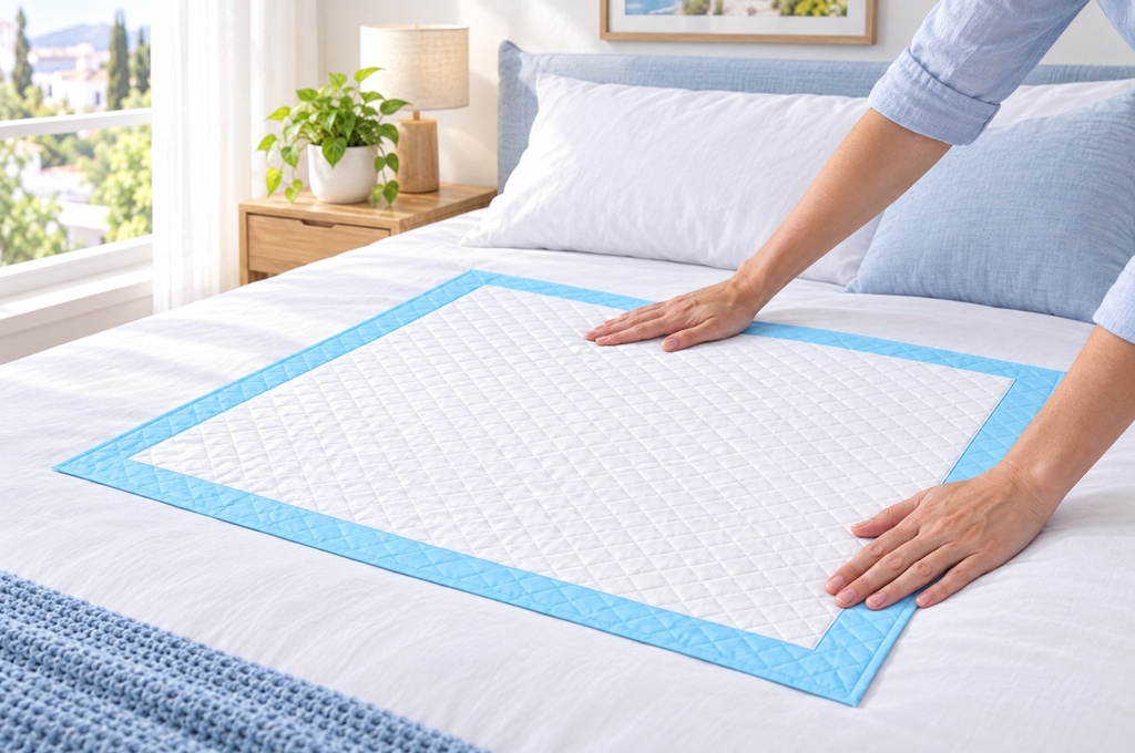 Paso 2: Colócala sobre una superficie limpia y seca, con la cara absorbente hacia arriba y la base impermeable hacia abajo, y ajústala para cubrir la zona que quieras.